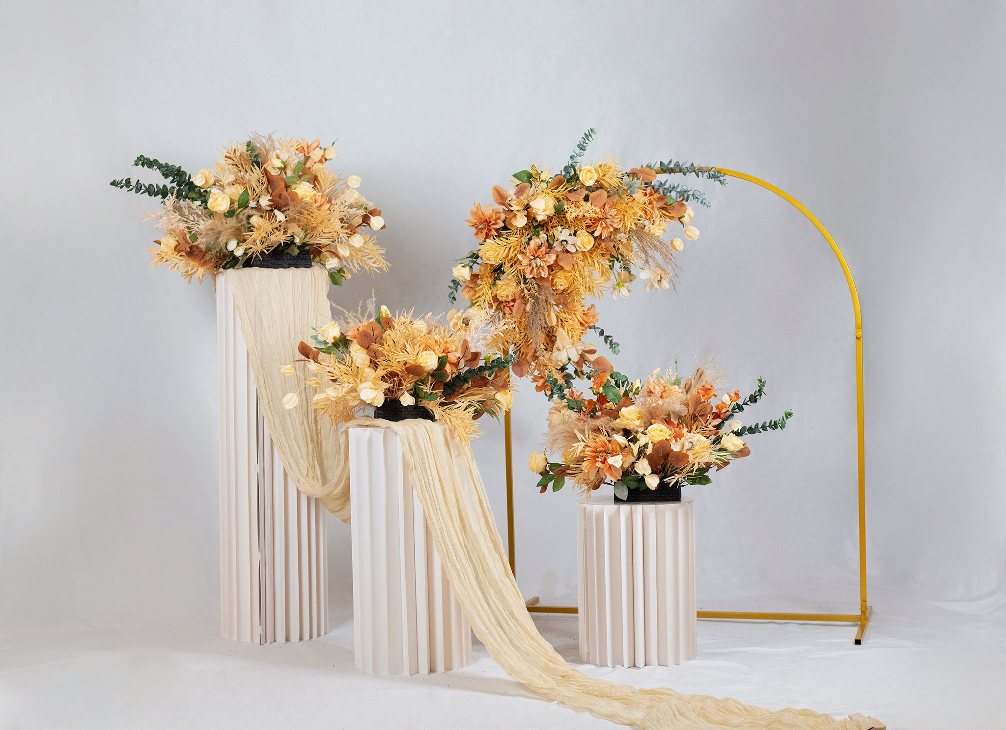 Set of Four White Cylindrical Pedestal Stand