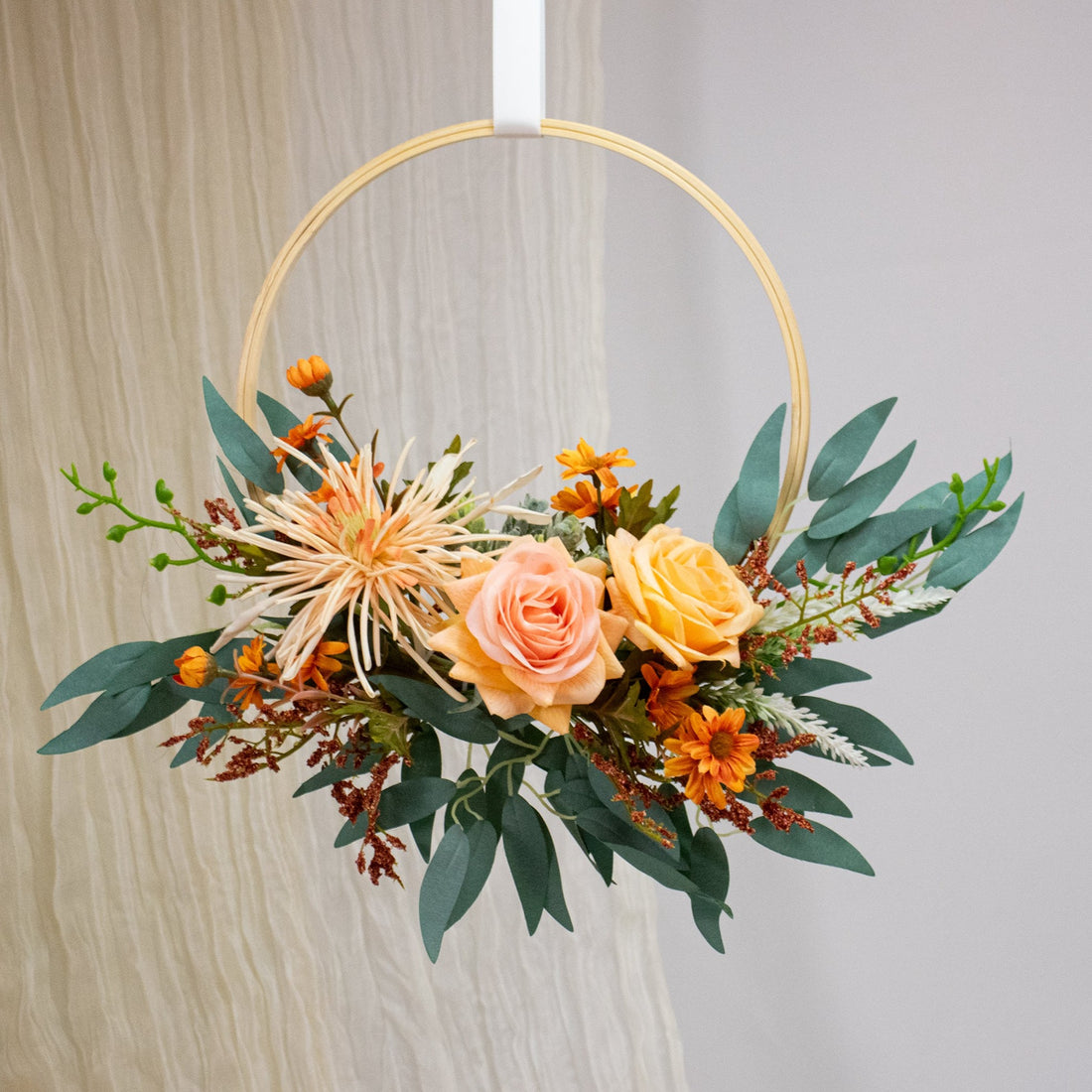 Wood-framed artificial flower bouquet - ideal for special events with roses, chrysanthemums, and daisies.