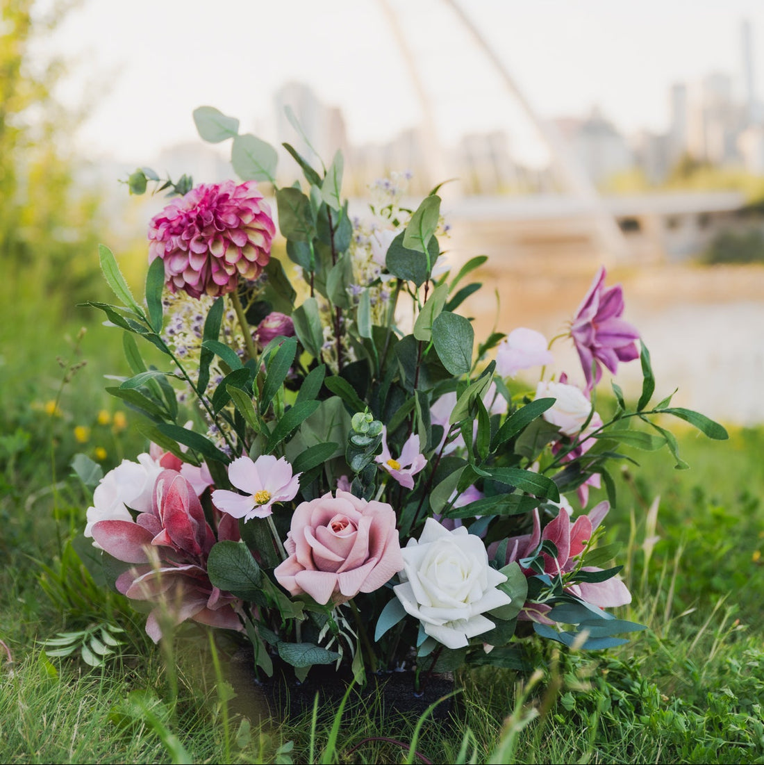 Bouquet of flowers on grass with a blurred background