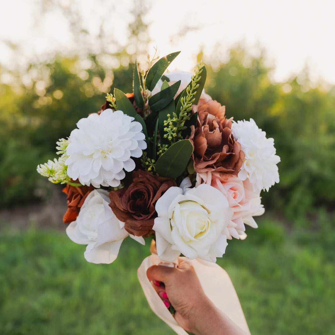 Silk and real-touch Cocoa Bloom bridesmaids bouquet in ivory, brown, and peach tones — artificial wedding flowers Edmonton