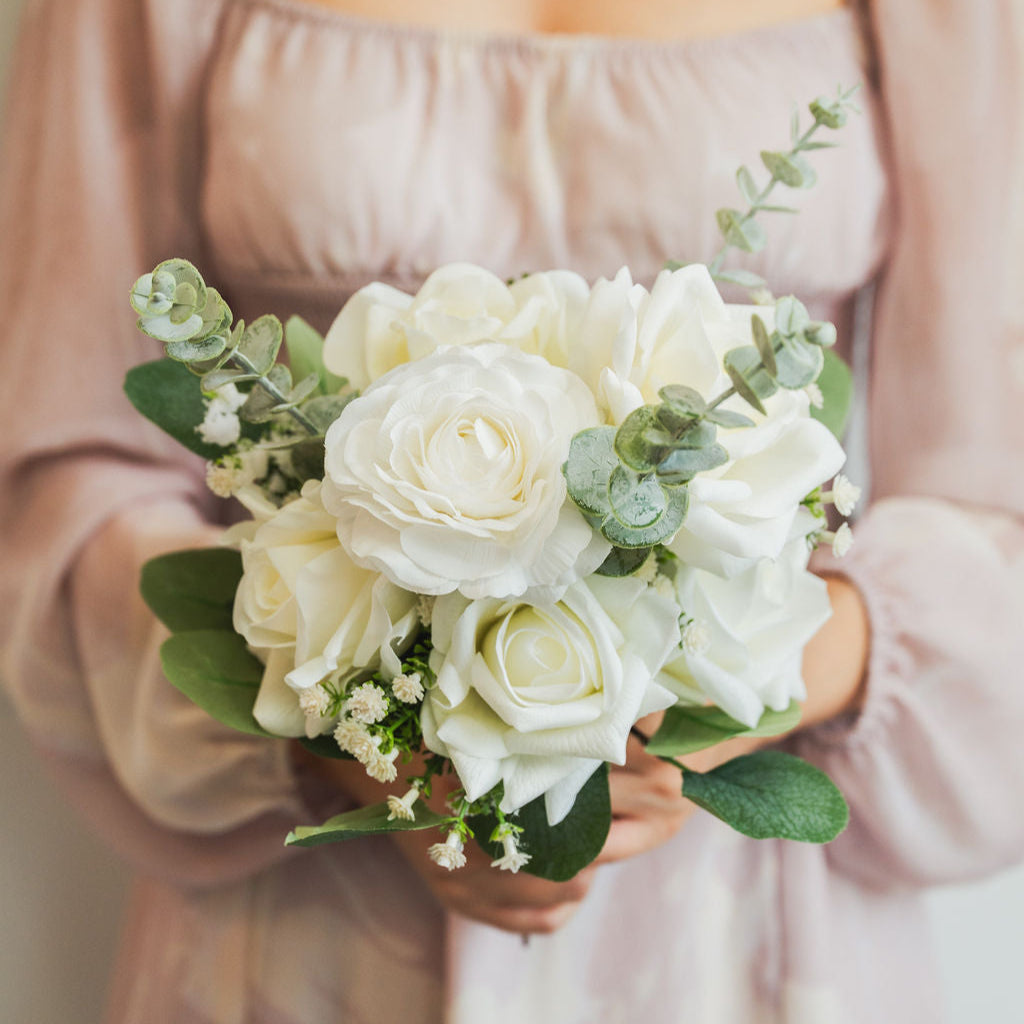 Faux white and ivory bridesmaids bouquet (real touch, silk, artificial) for special events, weddings and can be used as decor.