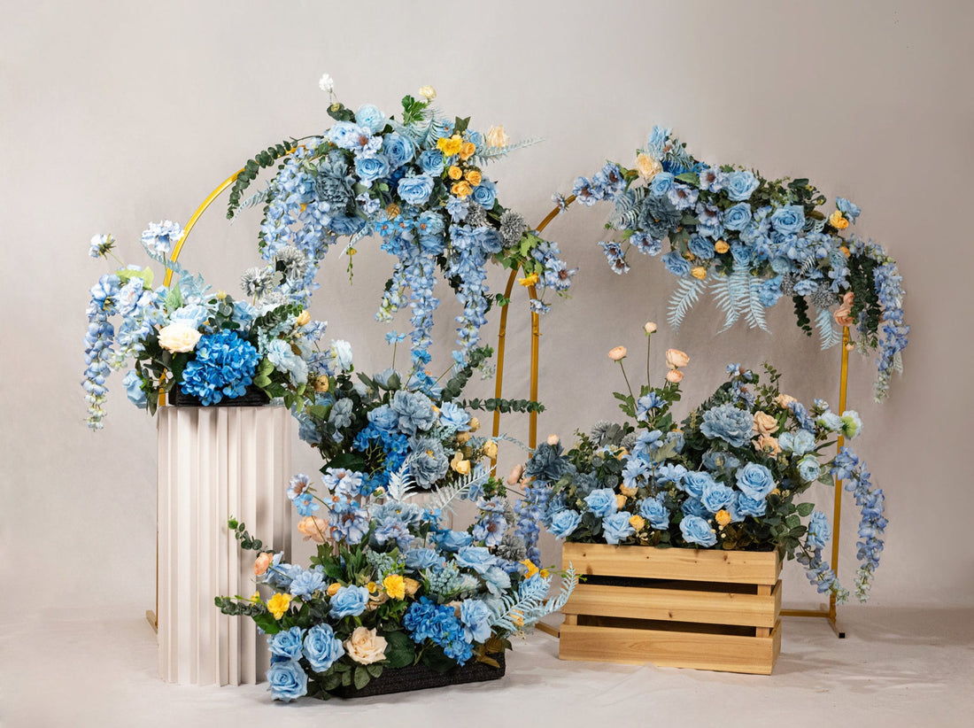 Blue florals and 6-piece Spring skies petal harmony set with faux florals for arches, tables, and displays. Bring nature&